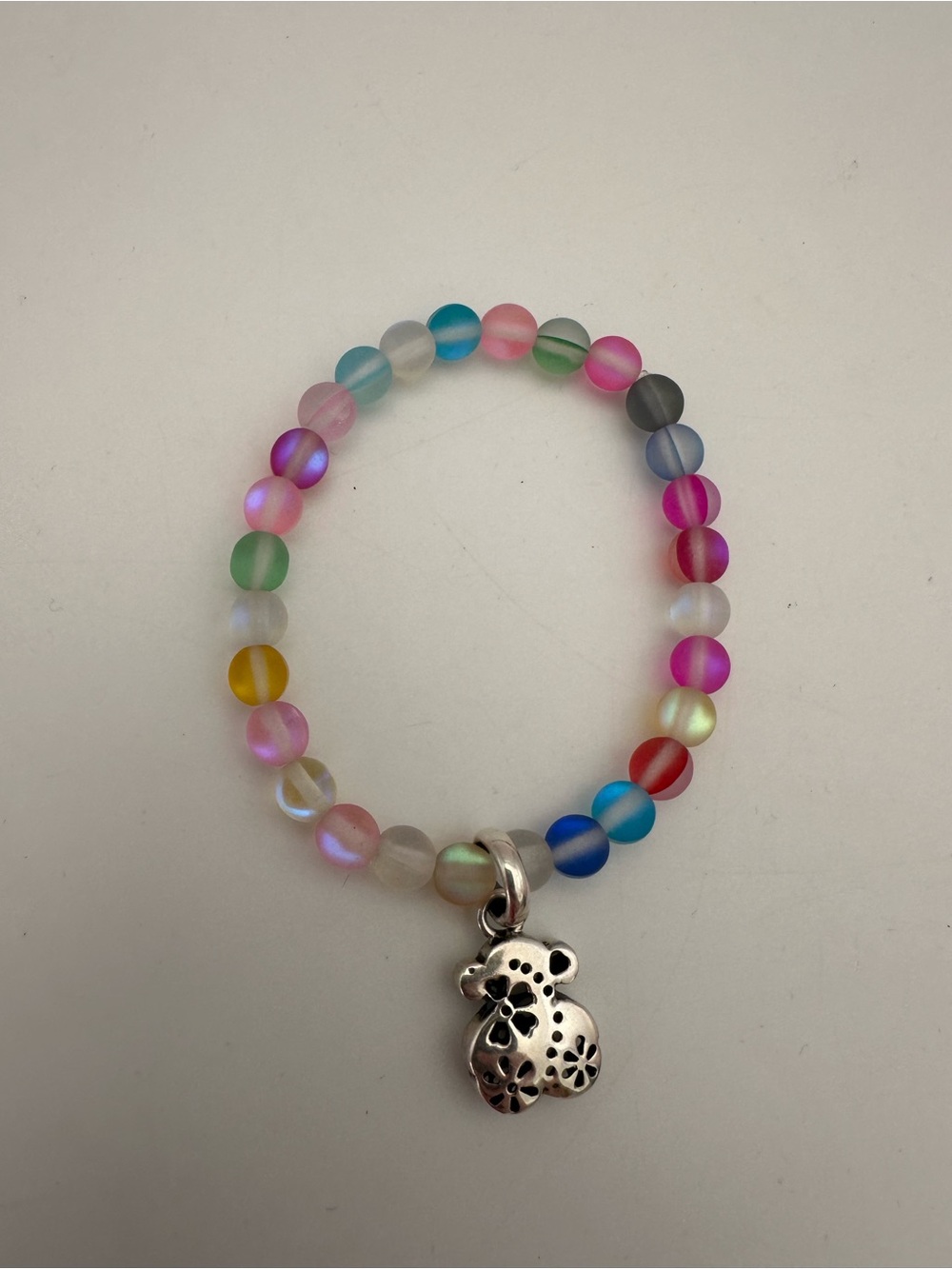 Multicolor Beaded Stretch Bracelet with Silver silver bear  Charm